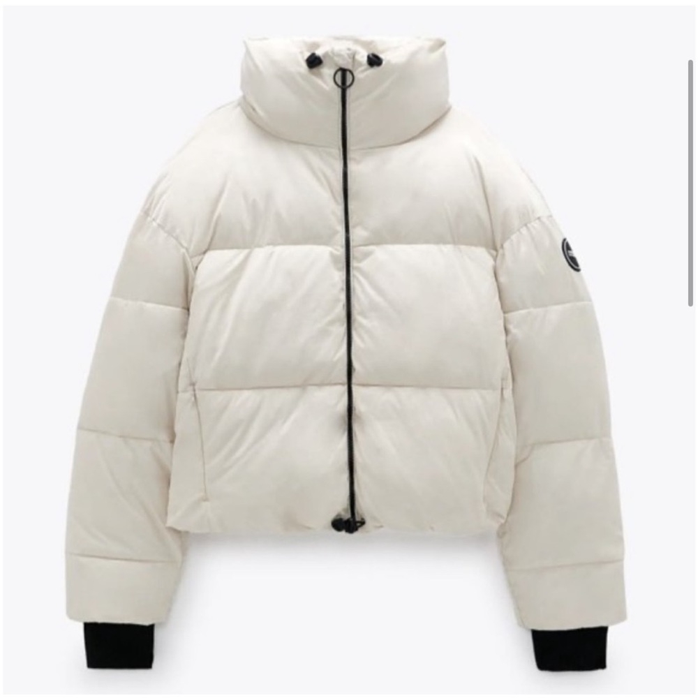 Zara Water Repellent Cropped Puffer Jacket in Oyster/Cream, Size S